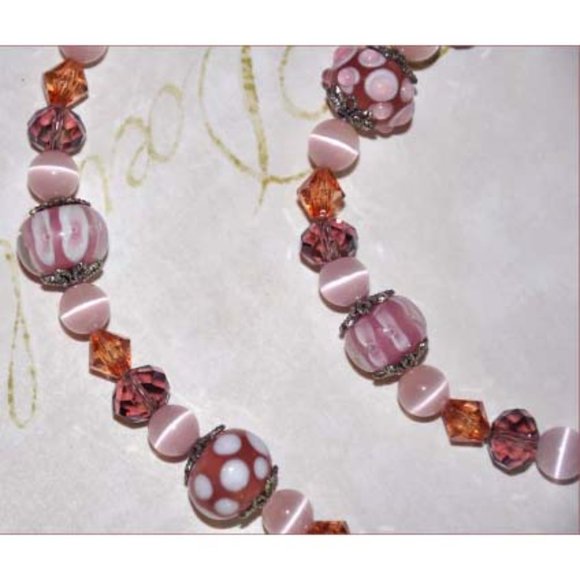 Pink Lampwork Beaded Necklace With Antique Silver Beads & Rose Swarovski Beads - Picture 2 of 5
